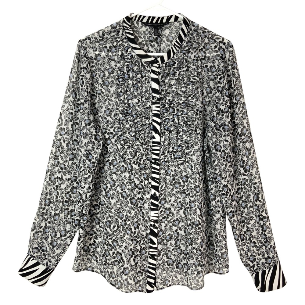 White House Black Market Floral Zebra Button Up Blouse L Band Collar Long Sleeve